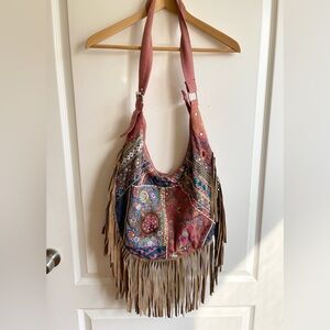 Urban Outfitters Canvas Patchwork Boho Fringe Hobo Bag